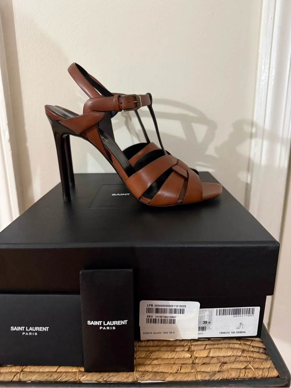 New Saint Laurent Tribute 105 Brown Woven Leather T-Strap Heel Sandal